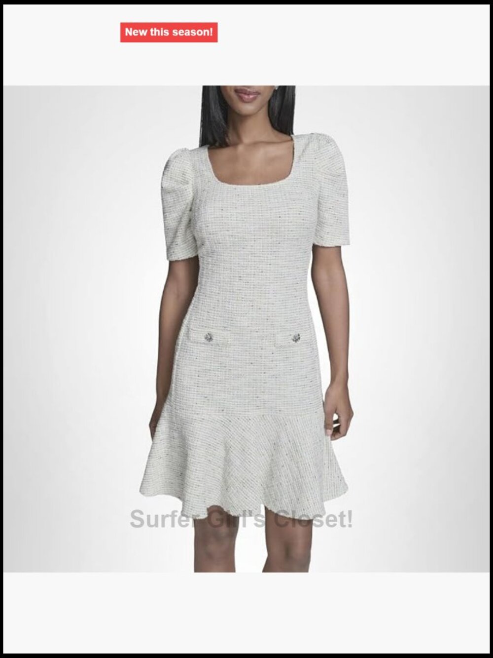 Tweed A-Line Mini Dress Puff Sleeve Square Neck Flounce